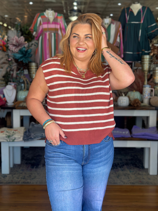 Brick & Cream Striped Short Sleeve Sweater - Themasonboutique