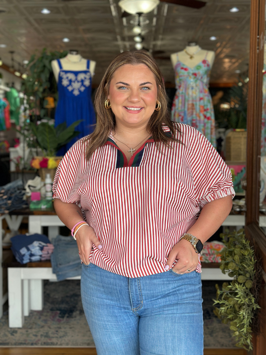 Brick Striped Contrast Collar Top