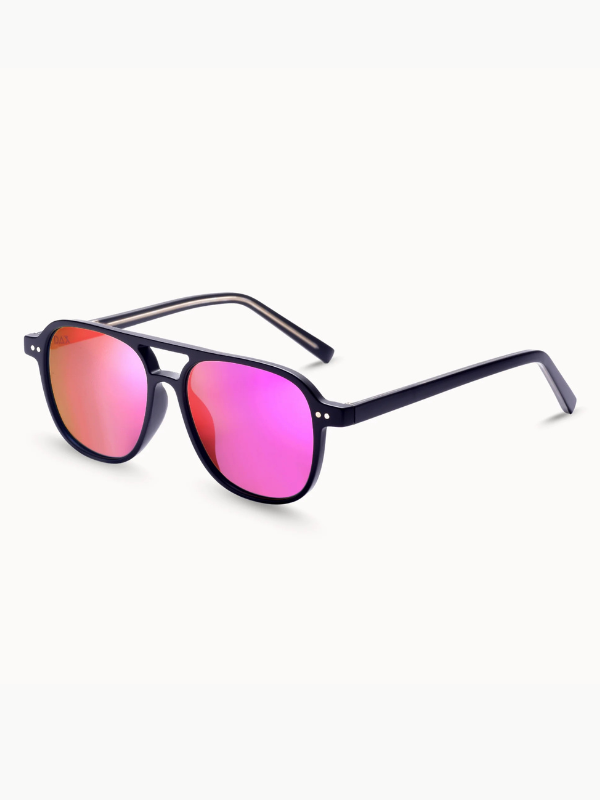 black framed sunglasses with hot pink lenses