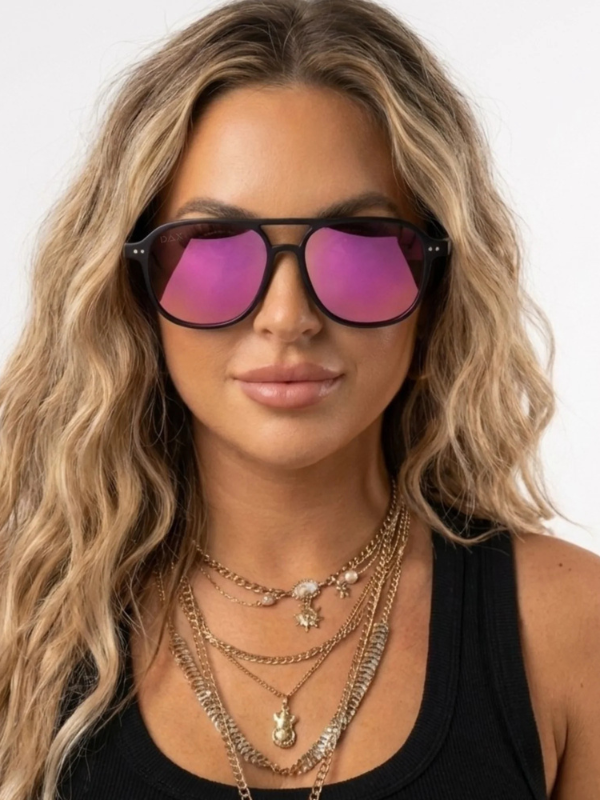 black framed sunglasses with hot pink lenses