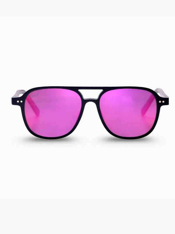 black framed sunglasses with hot pink lenses