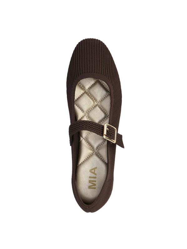 Brown shoe with a strap and 'MIA' branding on a white background