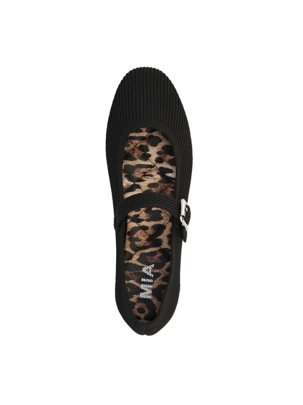 Black sandal with leopard print strap on a white background