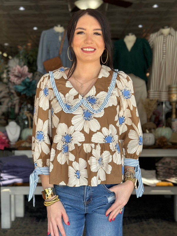 Brown & Blue Floral Sailor Collar Top - Themasonboutique