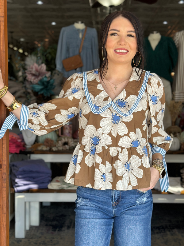 Brown & Blue Floral Sailor Collar Top - Themasonboutique