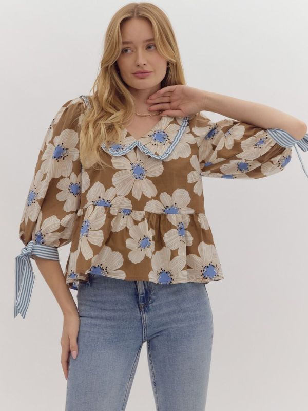 Brown & Blue Floral Sailor Collar Top - Themasonboutique