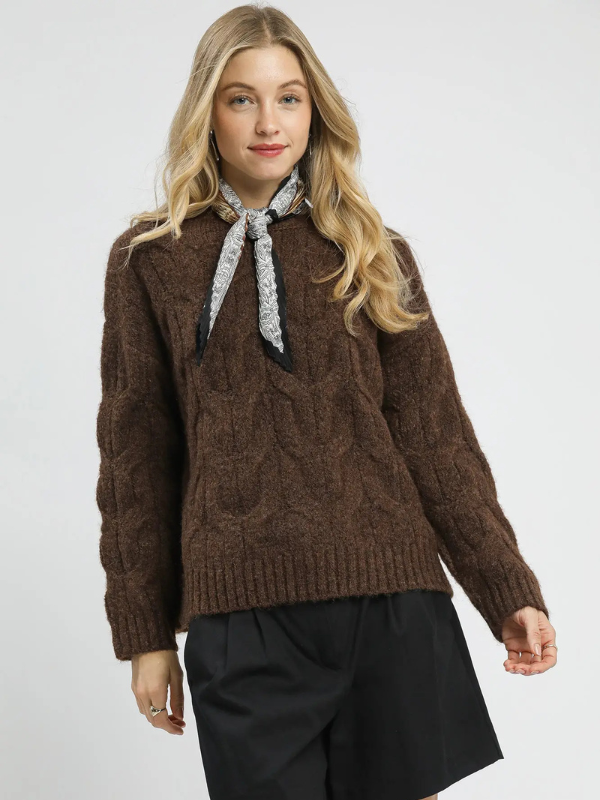 Woman wearing a brown cable knit sweater with a black tie around her neck on a white background