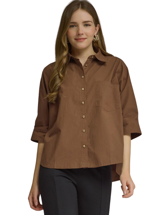 Brown Collared Gold Button Dolman Top