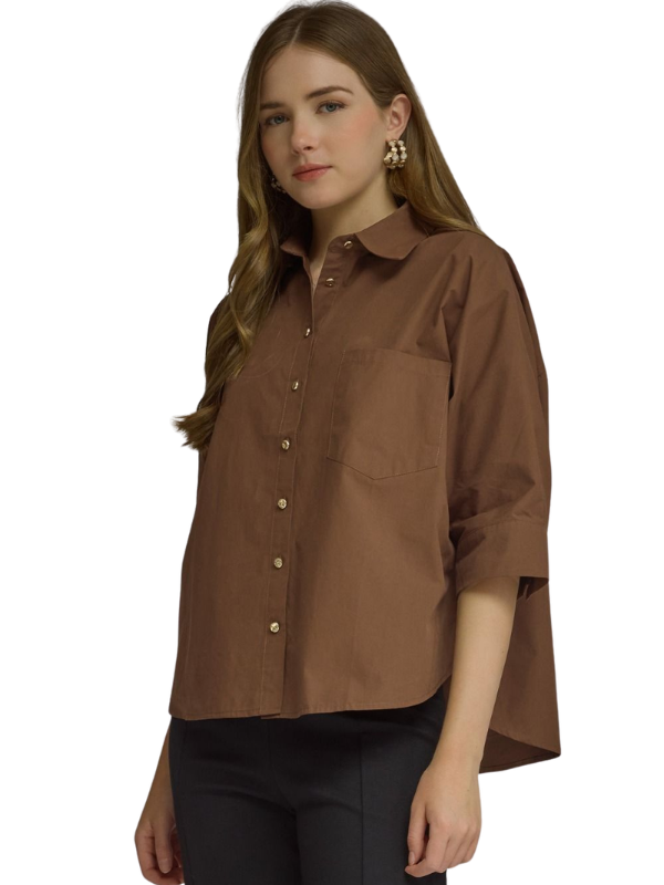 Brown Collared Gold Button Dolman Top