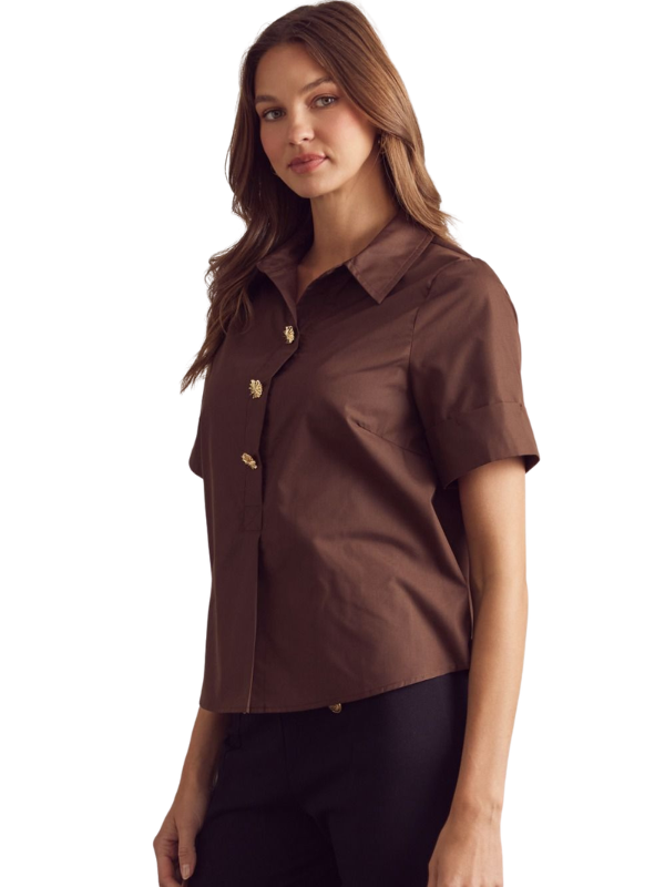 Woman wearing a brown short-sleeve blouse on a white background