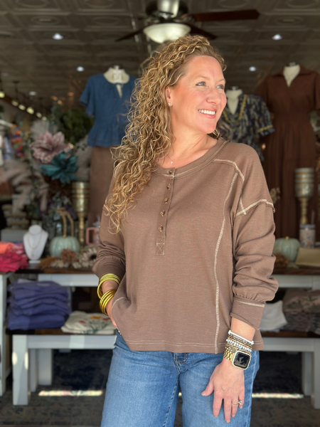 Brown Contrast Henley Top - Themasonboutique