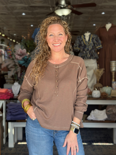 Brown Contrast Henley Top - Themasonboutique