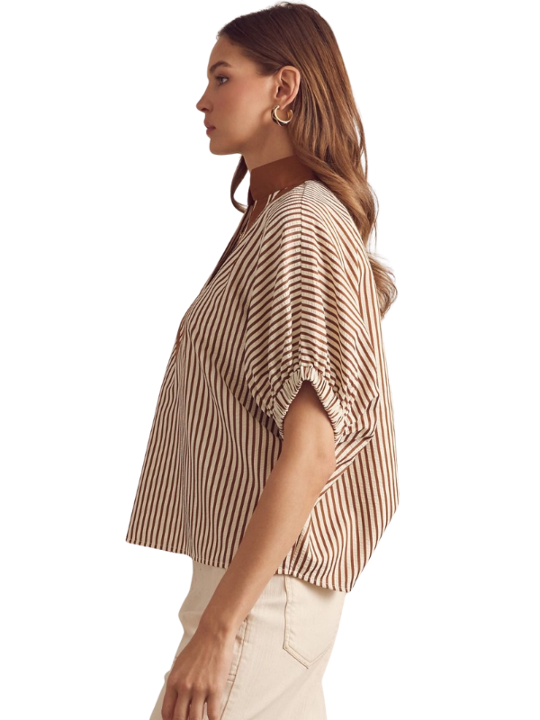 Woman wearing a brown and beige striped blouse on a white background