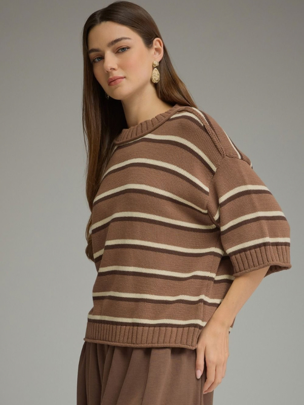 woman wearing brown and cream striped short sleeve sweater top 