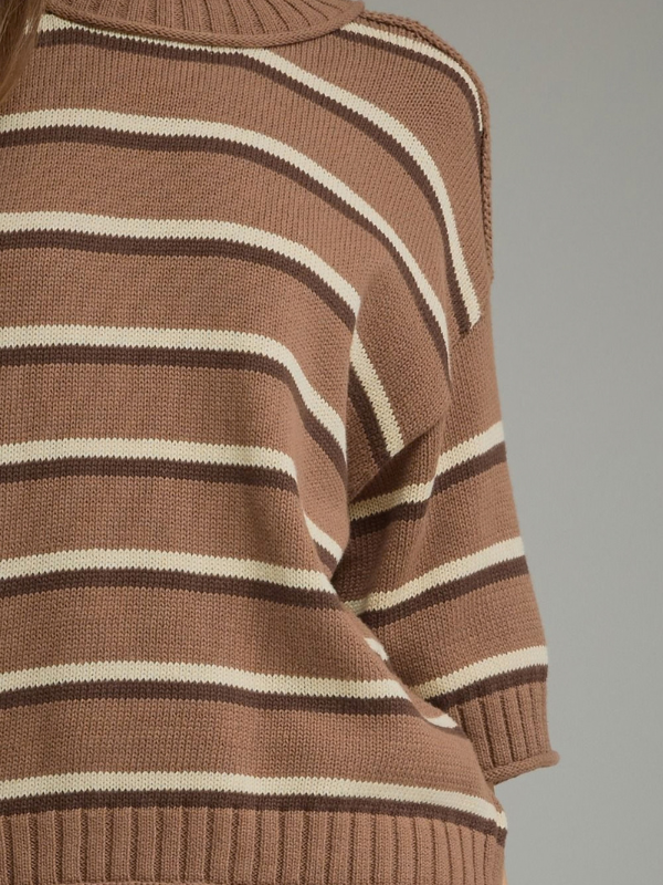 woman wearing brown and cream striped short sleeve sweater top 