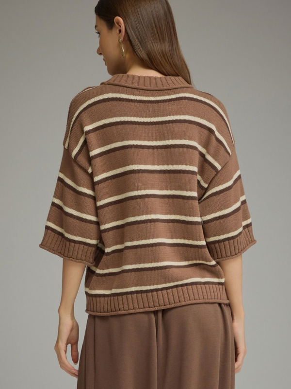 woman wearing brown and cream striped short sleeve sweater top 
