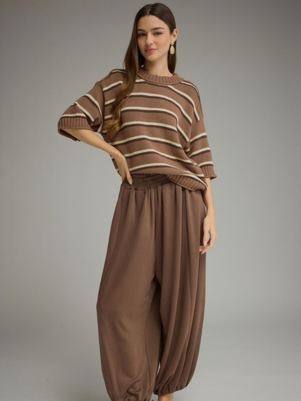 woman wearing brown and cream striped short sleeve sweater top 