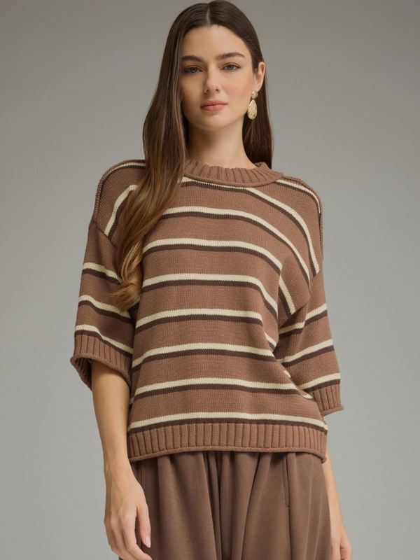 woman wearing brown and cream striped short sleeve sweater top 