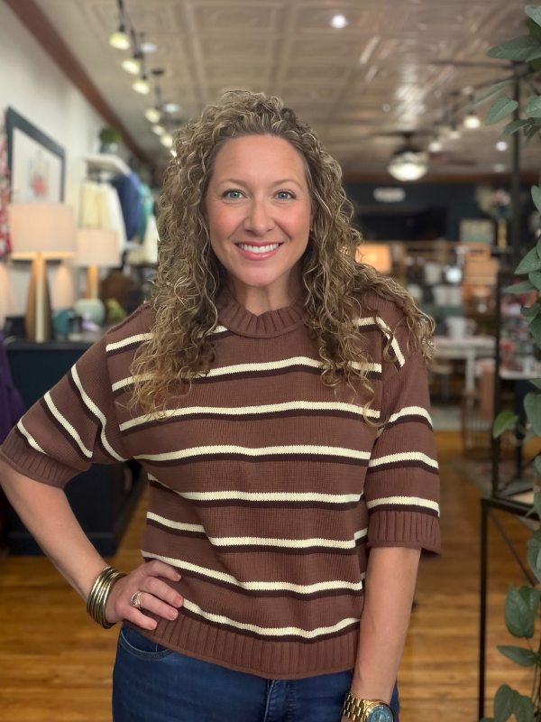 woman wearing brown and cream striped short sleeve sweater top 