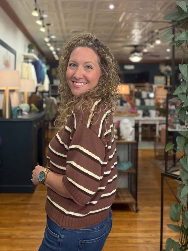 woman wearing brown and cream striped short sleeve sweater top 