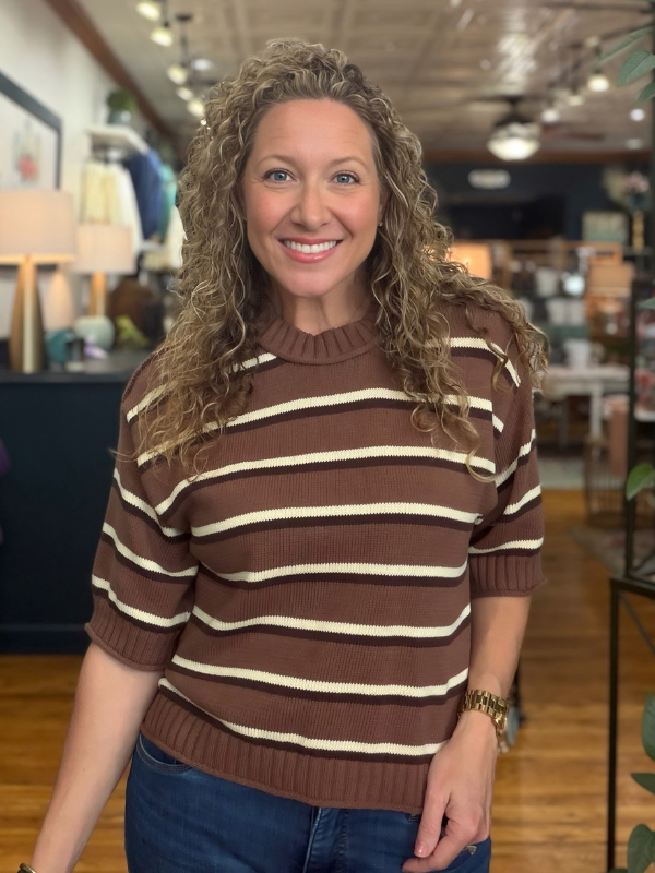 woman wearing brown and cream striped short sleeve sweater top 