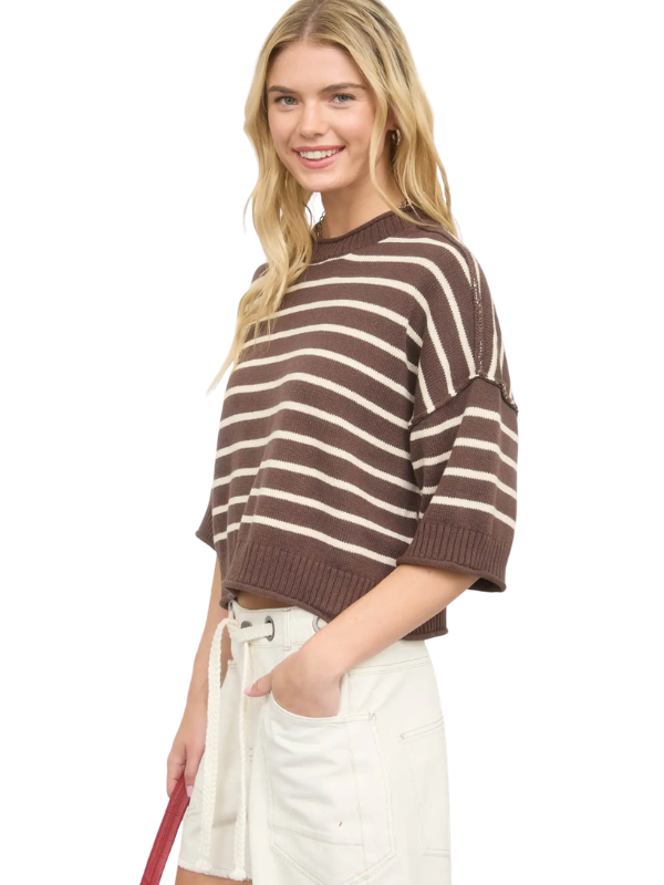 A woman modeling a brown and cream striped cropped knit sweater with elbow-length sleeves, paired with off-white shorts, against a plain white background.
