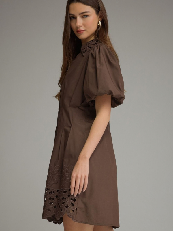 woman wearing a brown eyelet dress 