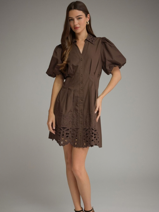 woman wearing a brown eyelet dress 