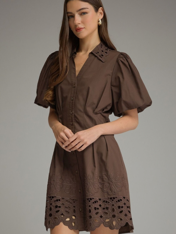 woman wearing a brown eyelet dress 