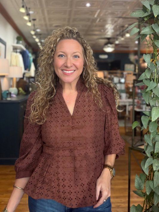 Brown Eyelet Peplum Top