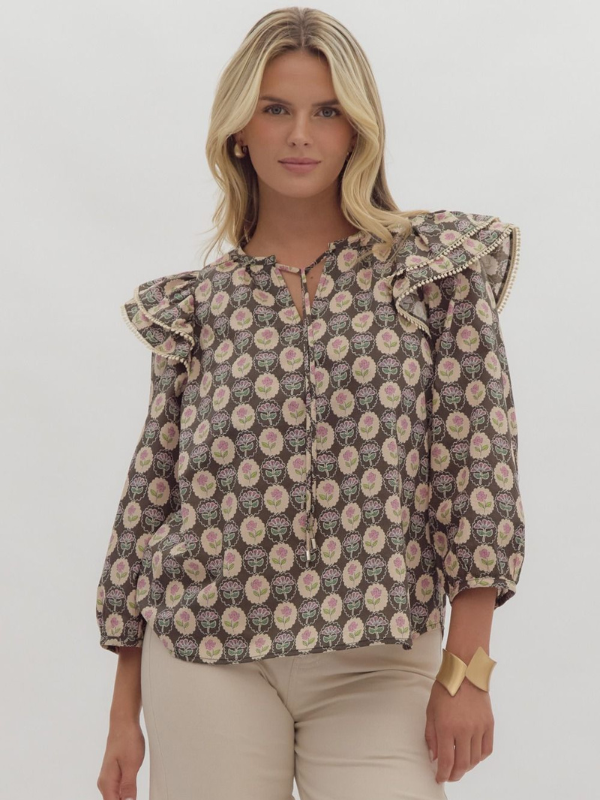 Brown Floral Medallion Ruffle Top - Themasonboutique