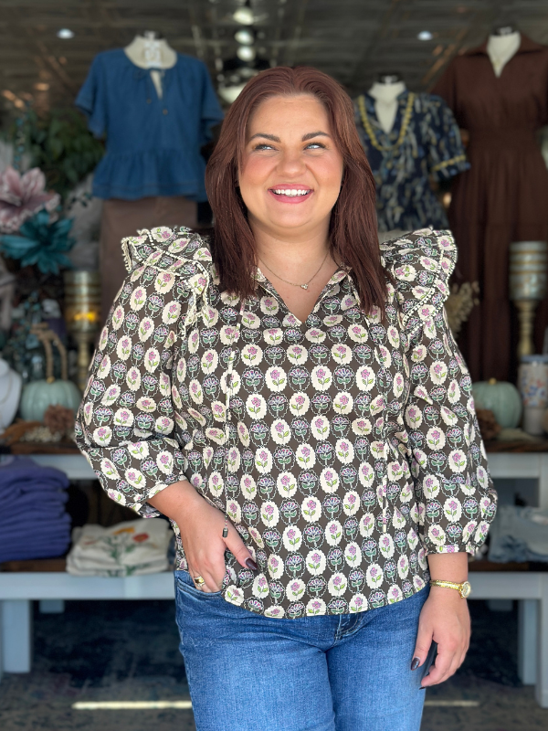 Brown Floral Medallion Ruffle Top