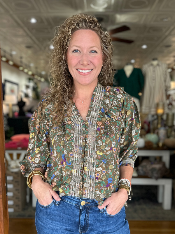 Brown Floral Ruffle Neck Top