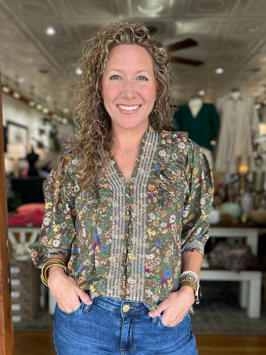 Brown Floral Ruffle Neck Top