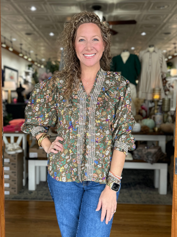 Brown Floral Ruffle Neck Top