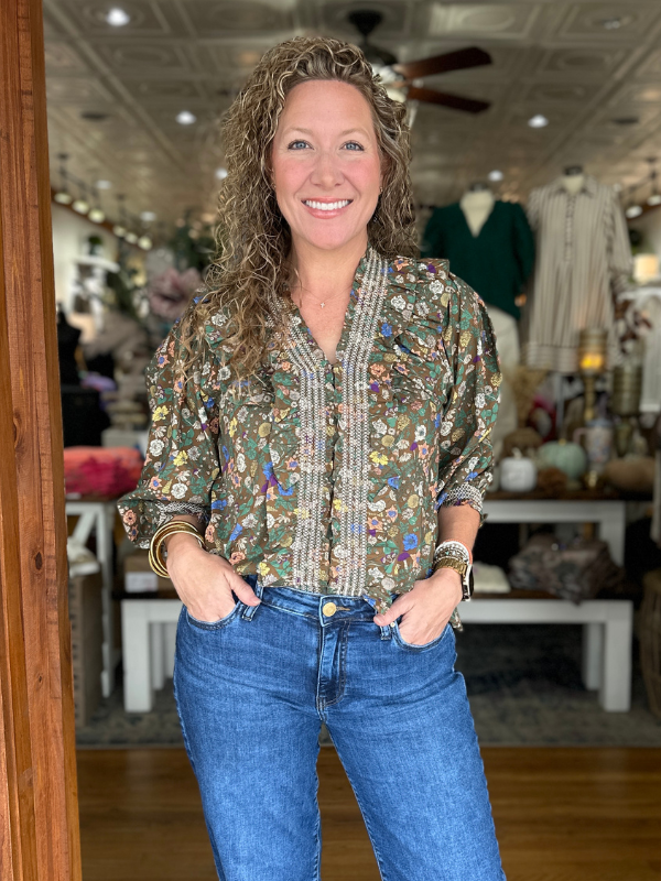 Brown Floral Ruffle Neck Top