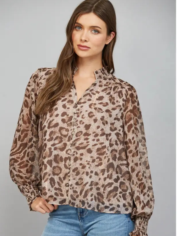 woman wearing a Brown Leopard Chiffon Split Neckline Blouse