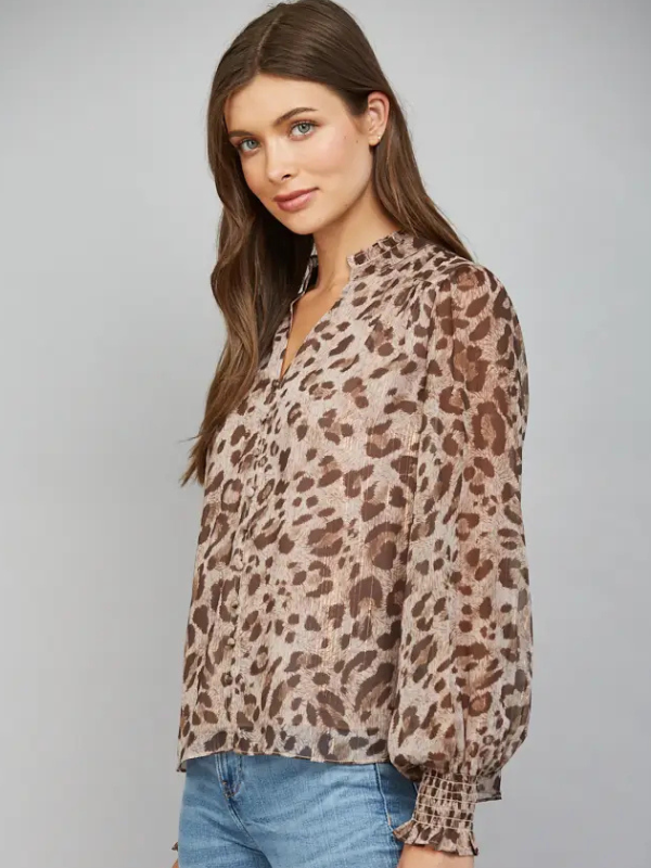 woman wearing a Brown Leopard Chiffon Split Neckline Blouse