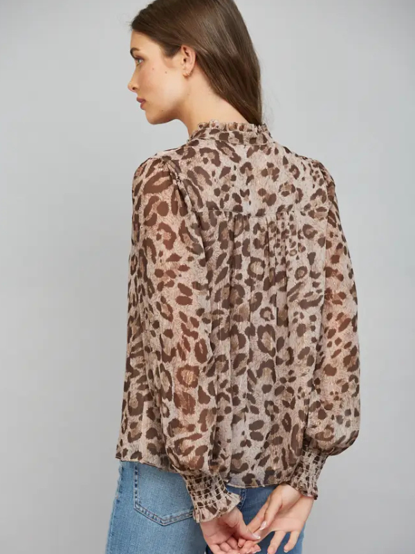 woman wearing a Brown Leopard Chiffon Split Neckline Blouse