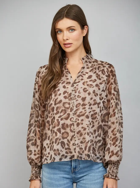 woman wearing a Brown Leopard Chiffon Split Neckline Blouse