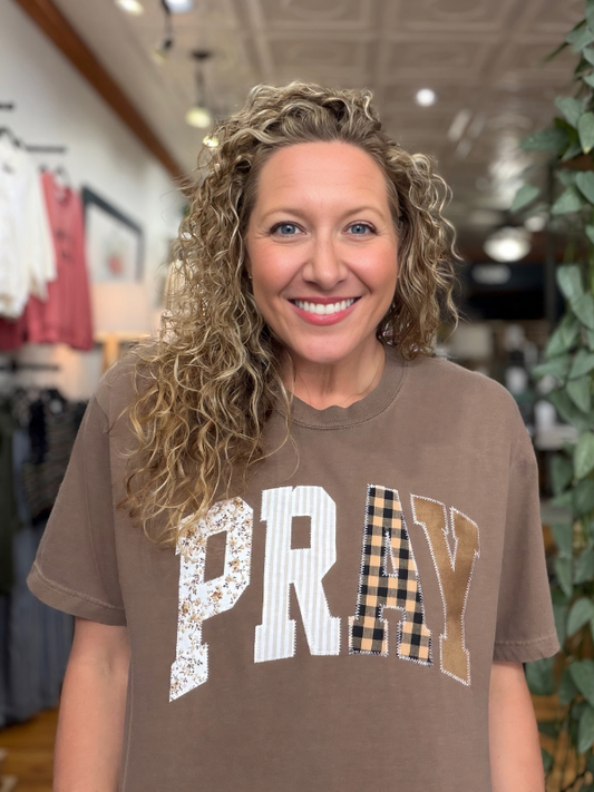 Brown Pray Embroidered Tee