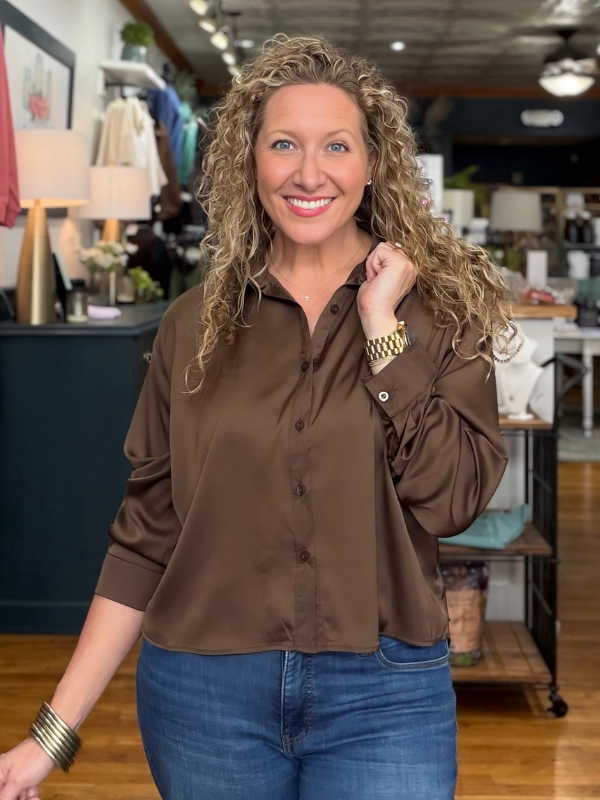 Brown Satin Long Sleeve Button Down Top