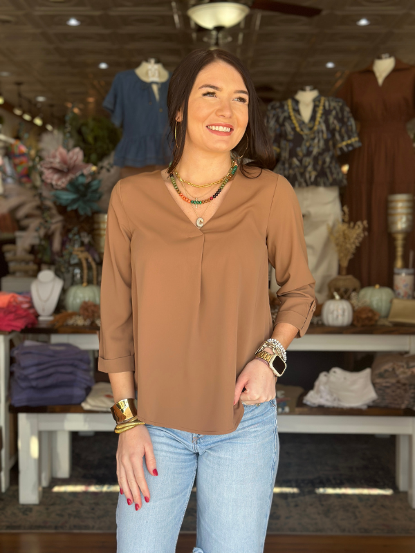 Brown V-Neck 3/4 Sleeve Top