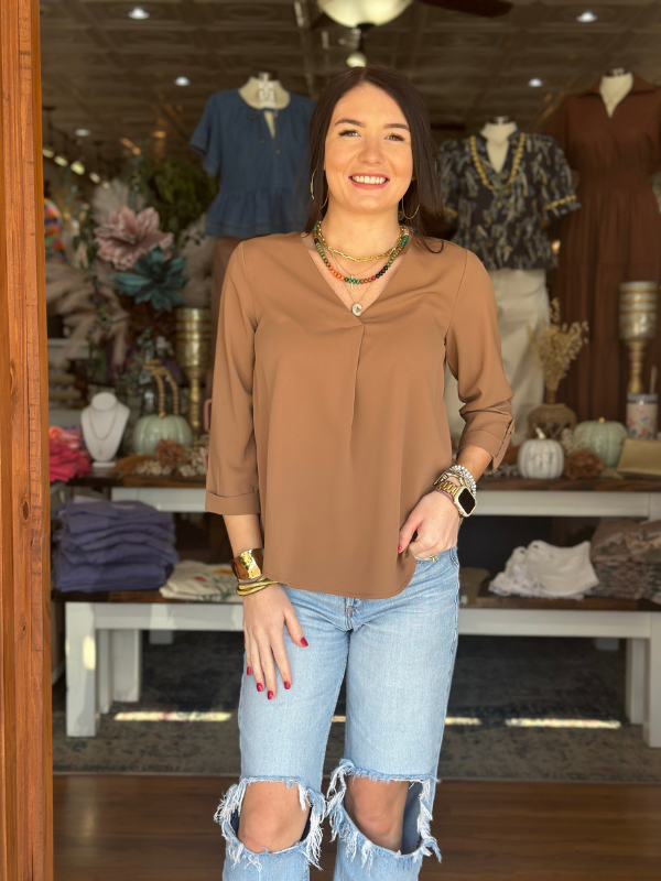 Brown V-Neck 3/4 Sleeve Top