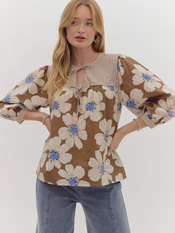 Camel & Blue Floral Bow Top - Themasonboutique