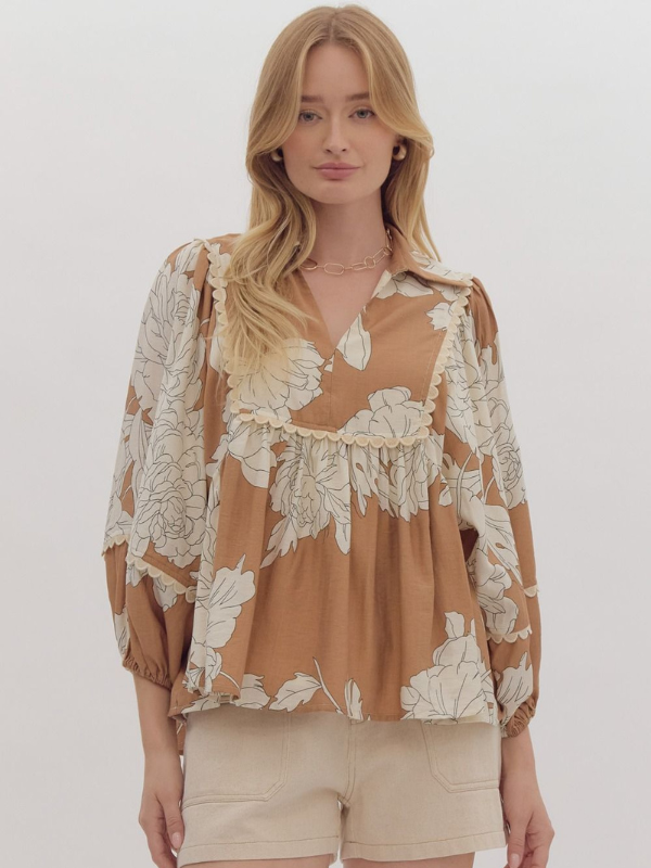 Camel & Cream Floral Rik Rak Top - Themasonboutique