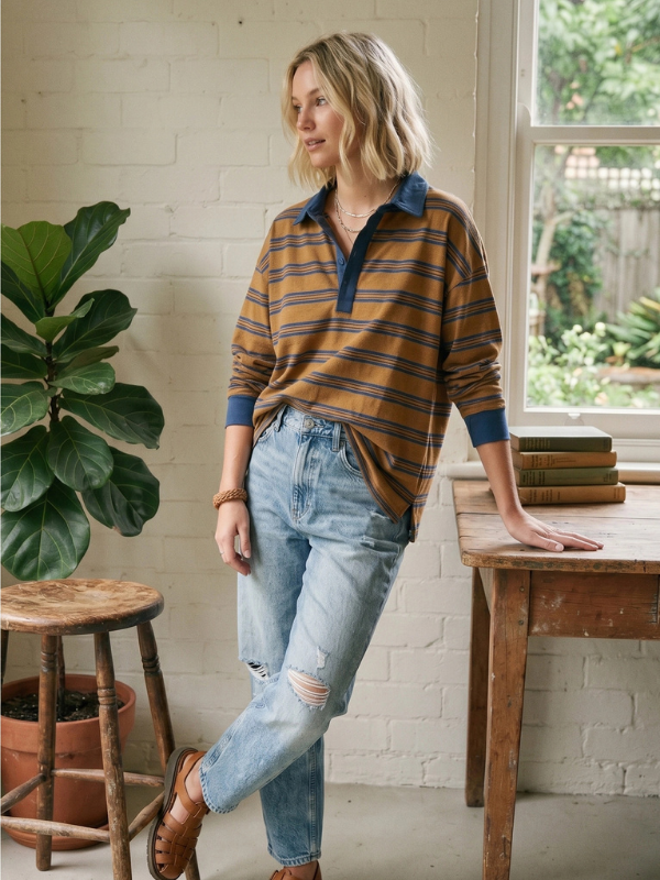A woman stands in a bright room wearing a brown and navy striped long-sleeve polo shirt, light-wash ripped jeans, and brown leather shoes.