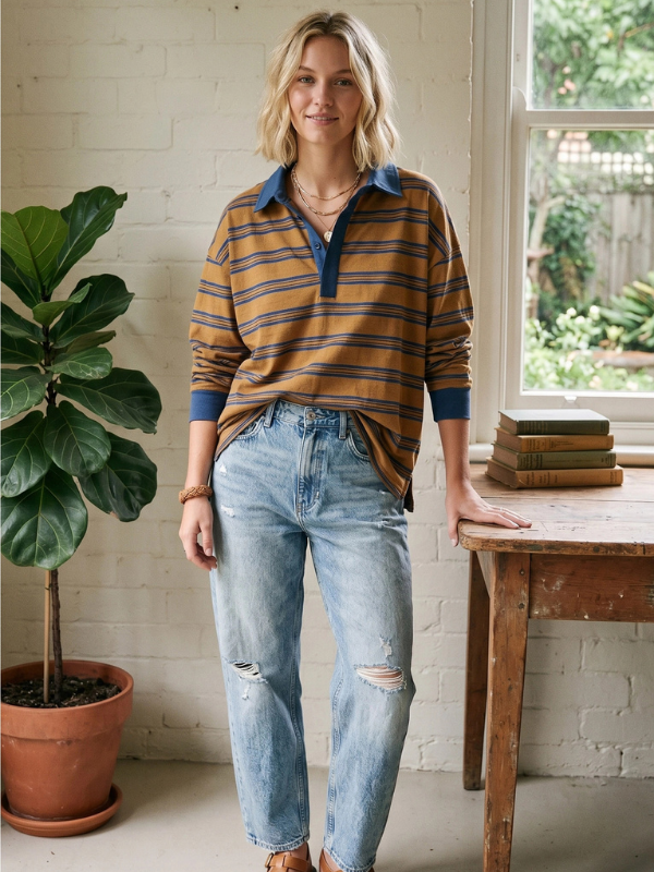 A woman stands indoors wearing a brown and navy striped long-sleeve polo shirt with light-wash distressed jeans. She is posed next to a potted fiddle-leaf fig plant and a rustic wooden table with stacked books, in front of a white brick wall and a window.