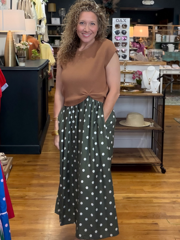Camel + Sage Polka Dot Layered Midi Dress