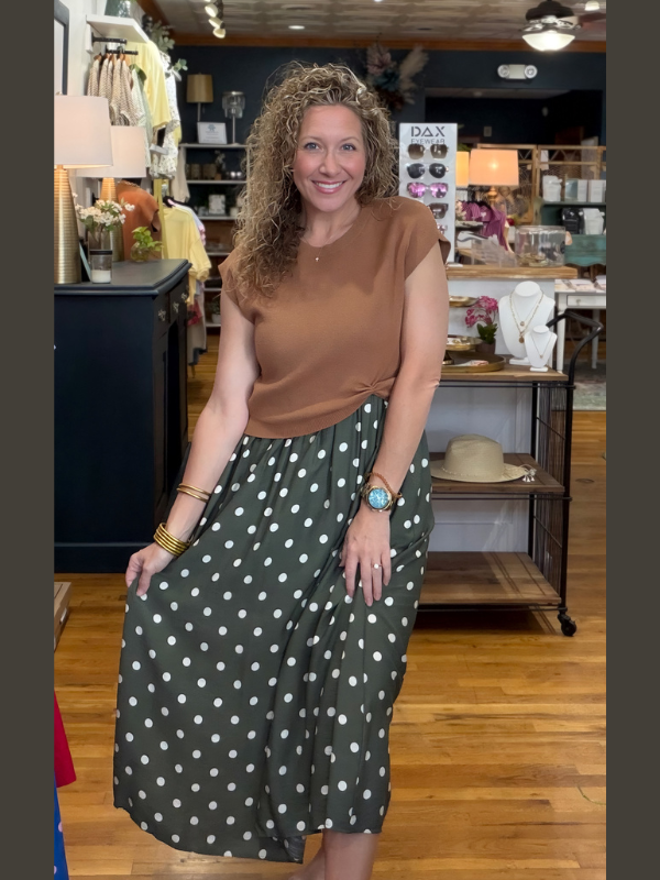 Camel + Sage Polka Dot Layered Midi Dress